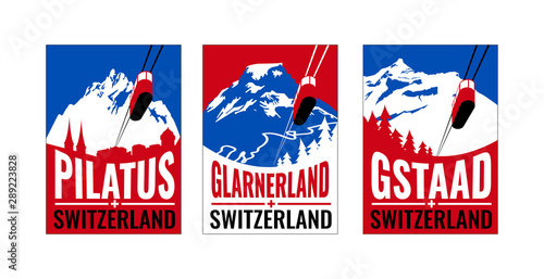 Logo collection for ski and snowboard resorts in Switzerland. Decorative fonts and simple colors. Vector illustration.