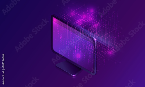 Document manager business concept vector isometric illustration. Computer monitor on purple ultraviolet background with information waterfall or big data stream, vertical banner or landing webpage