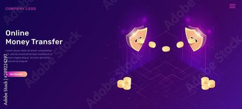 Online money transfer isometric concept vector illustration. Two golden shields and gold coins flying out of its on ultraviolet web banner with electronic data stream, landing web page