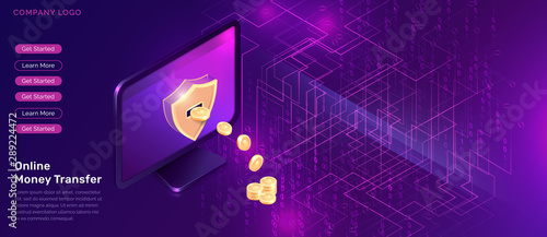 Cryptocurrency mining isometric concept vector illustration. Computer monitor with golden shield on screen, gold coins flying out, isolated illustration on ultraviolet background with big data stream