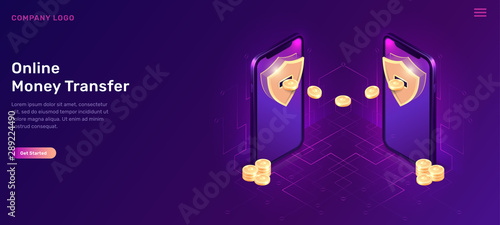 Online money transfer isometric concept vector illustration. Two mobile phones with golden shields and coins flying out of its on ultraviolet web banner with electronic data stream, landing web page