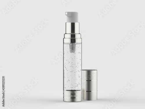 Cosmetic and skin care airless dispenser with clear liquid gel or serum filled on white background and cover opened. 3D rendered. photo
