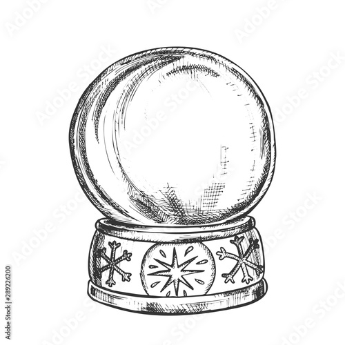 Empty Snowglobe Christmas Souvenir Vintage Vector. Glass Ball Snowglobe On Decorated Snowflake Pedestal. Celebratory Present Sphere Template Hand Drawn In Retro Style Black And White Illustration