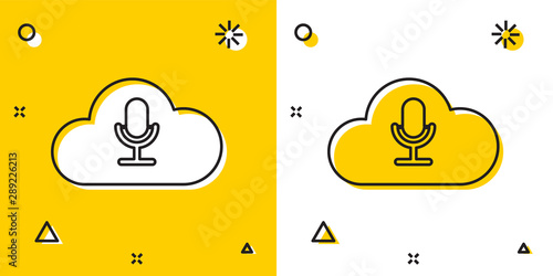 Black Music streaming service icon isolated on yellow and white background. Sound cloud computing, online media streaming, online song, audio wave. Random dynamic shapes. Vector Illustration