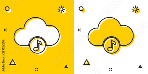 Black Music streaming service icon isolated on yellow and white background. Sound cloud computing, online media streaming, online song, audio wave. Random dynamic shapes. Vector Illustration