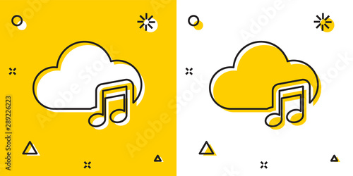 Black Music streaming service icon isolated on yellow and white background. Sound cloud computing, online media streaming, online song, audio wave. Random dynamic shapes. Vector Illustration