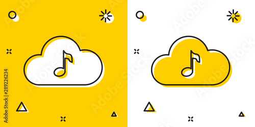 Black Music streaming service icon isolated on yellow and white background. Sound cloud computing, online media streaming, online song, audio wave. Random dynamic shapes. Vector Illustration