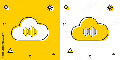 Black Music streaming service icon isolated on yellow and white background. Sound cloud computing, online media streaming, online song, audio wave. Random dynamic shapes. Vector Illustration