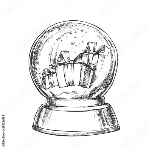 Snow Globe With Christmas Gifts Souvenir Vector. Snowy Winter And Xmas Holiday Presents In Glass Snow Ball On Blank Pedestal. Present Sphere Layout Hand Drawn In Vintage Style Monochrome Illustration