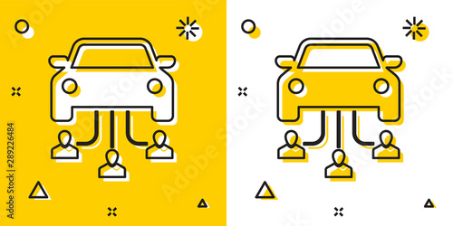 Black Car sharing with group of people icon isolated on yellow and white background. Carsharing sign. Transport renting service concept. Random dynamic shapes. Vector Illustration
