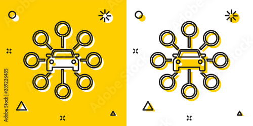 Black Car sharing icon isolated on yellow and white background. Carsharing sign. Transport renting service concept. Random dynamic shapes. Vector Illustration