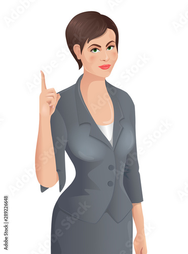 European woman wearing business suit and shows finger up. Attention gesture. Vector illustration isolated on the white background.