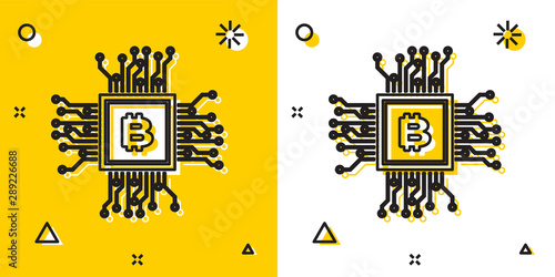 Black CPU mining farm icon isolated on yellow and white background. Bitcoin sign inside processor. Cryptocurrency mining community. Digital money. Random dynamic shapes. Vector Illustration