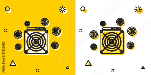 Black ASIC Miner icon isolated on yellow and white background. Cryptocurrency mining equipment and hardware. Application specific integrated circuit. Random dynamic shapes. Vector Illustration