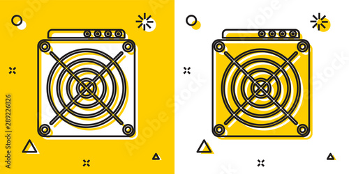 Black ASIC Miner icon isolated on yellow and white background. Cryptocurrency mining equipment and hardware. Application specific integrated circuit. Random dynamic shapes. Vector Illustration