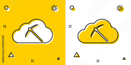Black Cryptocurrency cloud mining icon isolated on yellow and white background. Cloud with pickaxe, bitcoin, digital money market, cryptocoin wallet. Random dynamic shapes. Vector Illustration