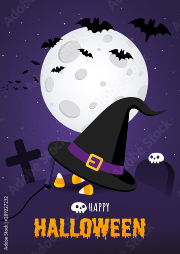 Happy halloween poster with big witch hat and candy on the grave ground flat style design vector illustration isolated on dark background. Text happy halloween with scull.