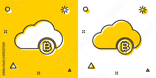 Black Cryptocurrency cloud mining icon isolated on yellow and white background. Blockchain technology, bitcoin, digital money market, cryptocoin wallet. Random dynamic shapes. Vector Illustration
