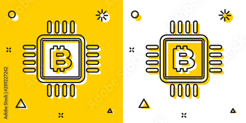 Black CPU mining farm icon isolated on yellow and white background. Bitcoin sign inside microchip. Cryptocurrency mining community. Digital money. Random dynamic shapes. Vector Illustration