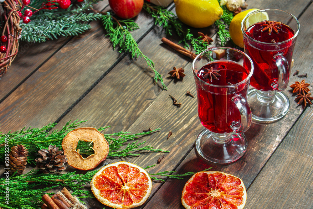 mulled wine, fragrant drink and festive mood atmosphere - concept New Year, Christmas. food background. copy space mulled wine, fragrant drink and festive mood atmosphere - concept New Year, Christmas. food background. copy space