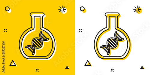 Black DNA research, search icon isolated on yellow and white background. Genetic engineering, genetics testing, cloning, paternity testing. Random dynamic shapes. Vector Illustration
