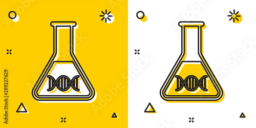 Black DNA research, search icon isolated on yellow and white background. Genetic engineering, genetics testing, cloning, paternity testing. Random dynamic shapes. Vector Illustration