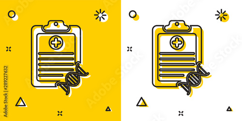 Black Clipboard with DNA analysis icon isolated on yellow and white background. Genetic engineering, genetics testing, cloning, paternity testing. Random dynamic shapes. Vector Illustration