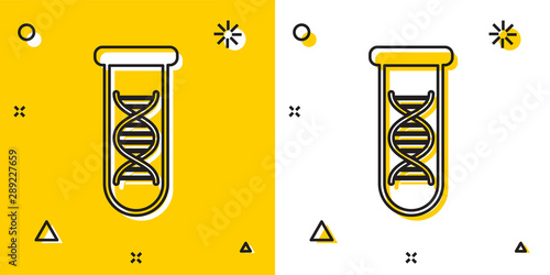 Black DNA research, search icon isolated on yellow and white background. Genetic engineering, genetics testing, cloning, paternity testing. Random dynamic shapes. Vector Illustration
