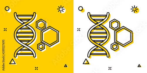 Black Genetic engineering icon isolated on yellow and white background. DNA analysis, genetics testing, cloning, paternity testing. Random dynamic shapes. Vector Illustration