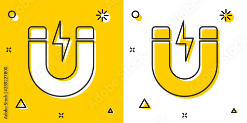 Black Magnet with lightning icon isolated on yellow and white background. Horseshoe magnet, magnetism, magnetize, attraction sign. Random dynamic shapes. Vector Illustration