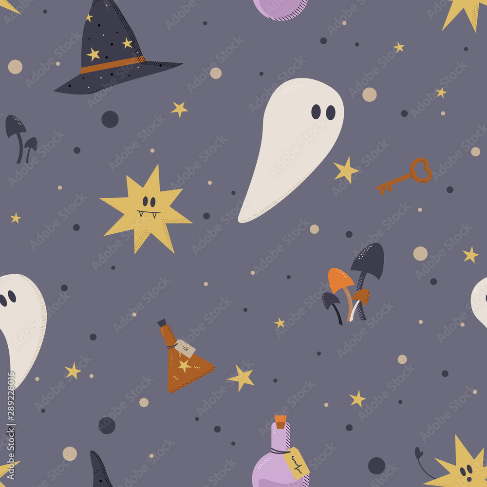 Seamless vector pattern with ghosts and witchcrafts