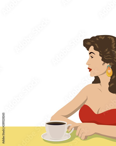 Beautiful brunette woman in red suit with cup of coffee in her hand.