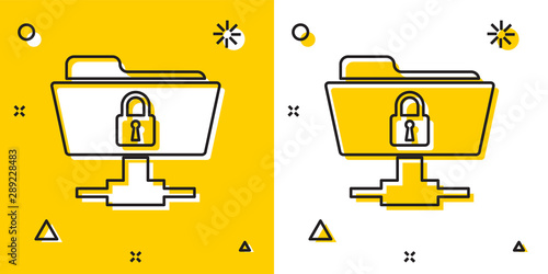Black FTP folder and lock icon on yellow and white background. Concept of software update, ftp transfer protocol. Security, safety, protection concept. Random dynamic shapes. Vector Illustration