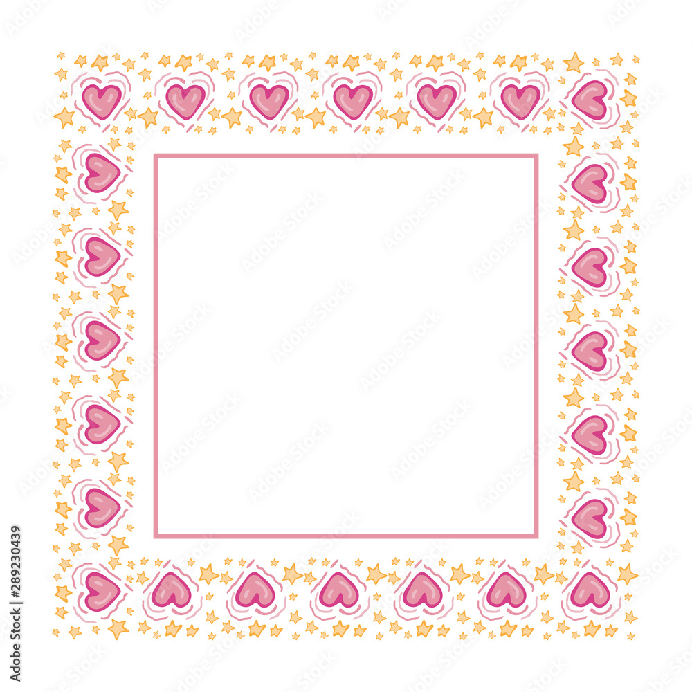 Greeting card template in vector. Pink heart and star with empty space for text. Square frame. Drawn cute Doodle style. Beautiful banner for social networks, website,