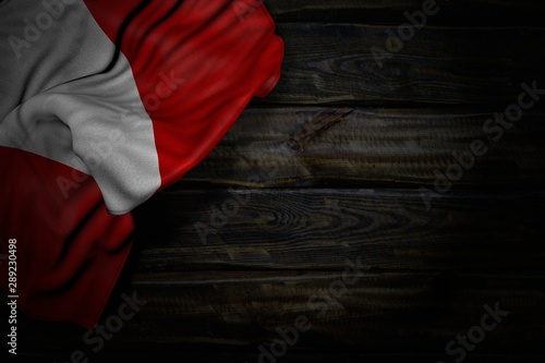 pretty dark illustration of Peru flag with big folds on old wood with empty space for your content - any feast flag 3d illustration..