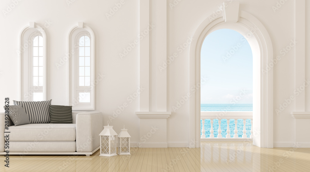 View of living room in mediterranean style with arch window design,Classic details,Room with sofa and side table on sea view background. 3d rendering. View of living room in mediterranean style with arch window design,Classic details,Room with sofa and side table on sea view background. 3d rendering.