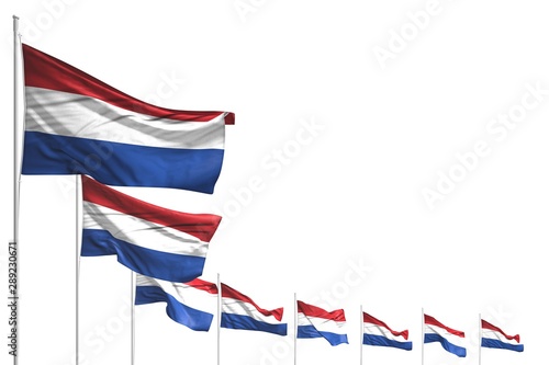wonderful many Netherlands flags placed diagonal isolated on white with space for content - any occasion flag 3d illustration..
