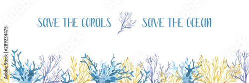 Watercolor banner with glowing coral sea reef. Trend colors of climate change. Hand drawn illustration. 