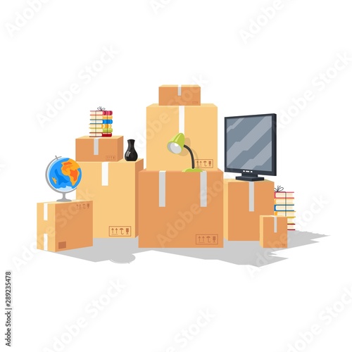 Moving by reason starting of education at university, college at other city, country. Relocation from parents home, beginning of adulthood. Home furniture, stuff in cardboard boxes. Vector cartoon.