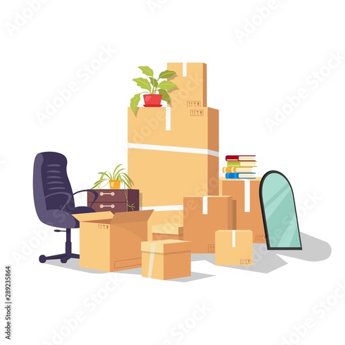 Moving by reason changing work, job, promotion, career development, dismissal. Relocation from one office to another. Working supplies and equipment in delivery packaging. Vector cartoon on white.