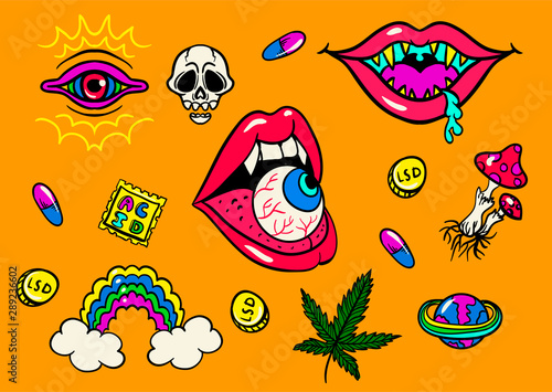 psychedelic trip symbols : LSD, weed, skull, eyeball, rainbow, drugs