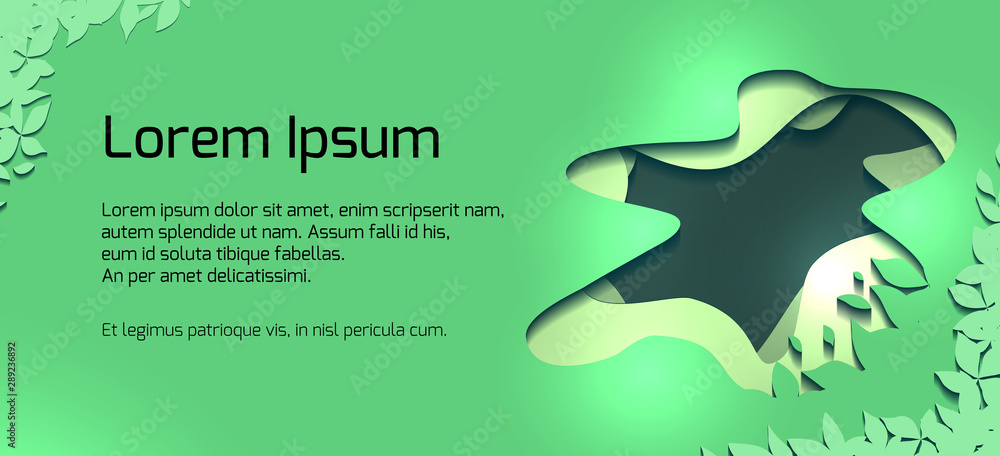 Horizontal banner with green 3d abstract waves, tree leaves cut out ...