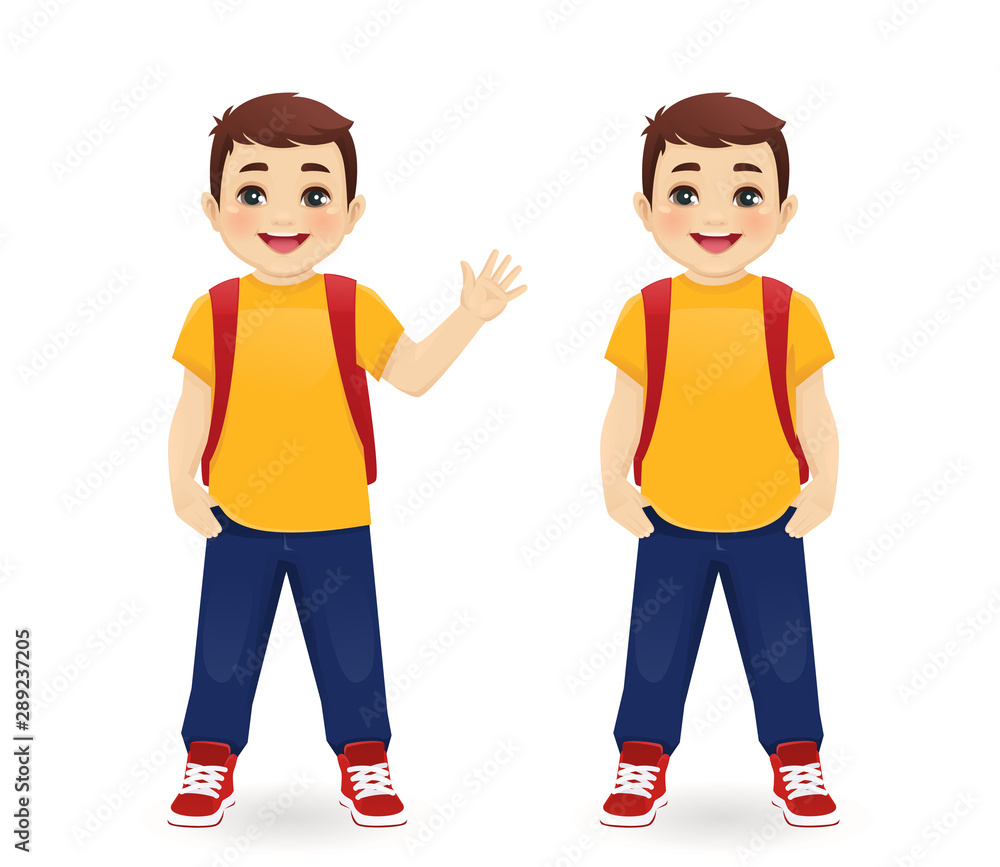 Smiling school boy with backpack waving hand isolated vector illustration
