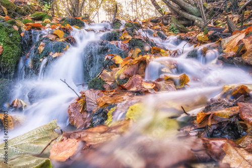 beautiful cascade waterfall in autumn forest, silky smooth stream
