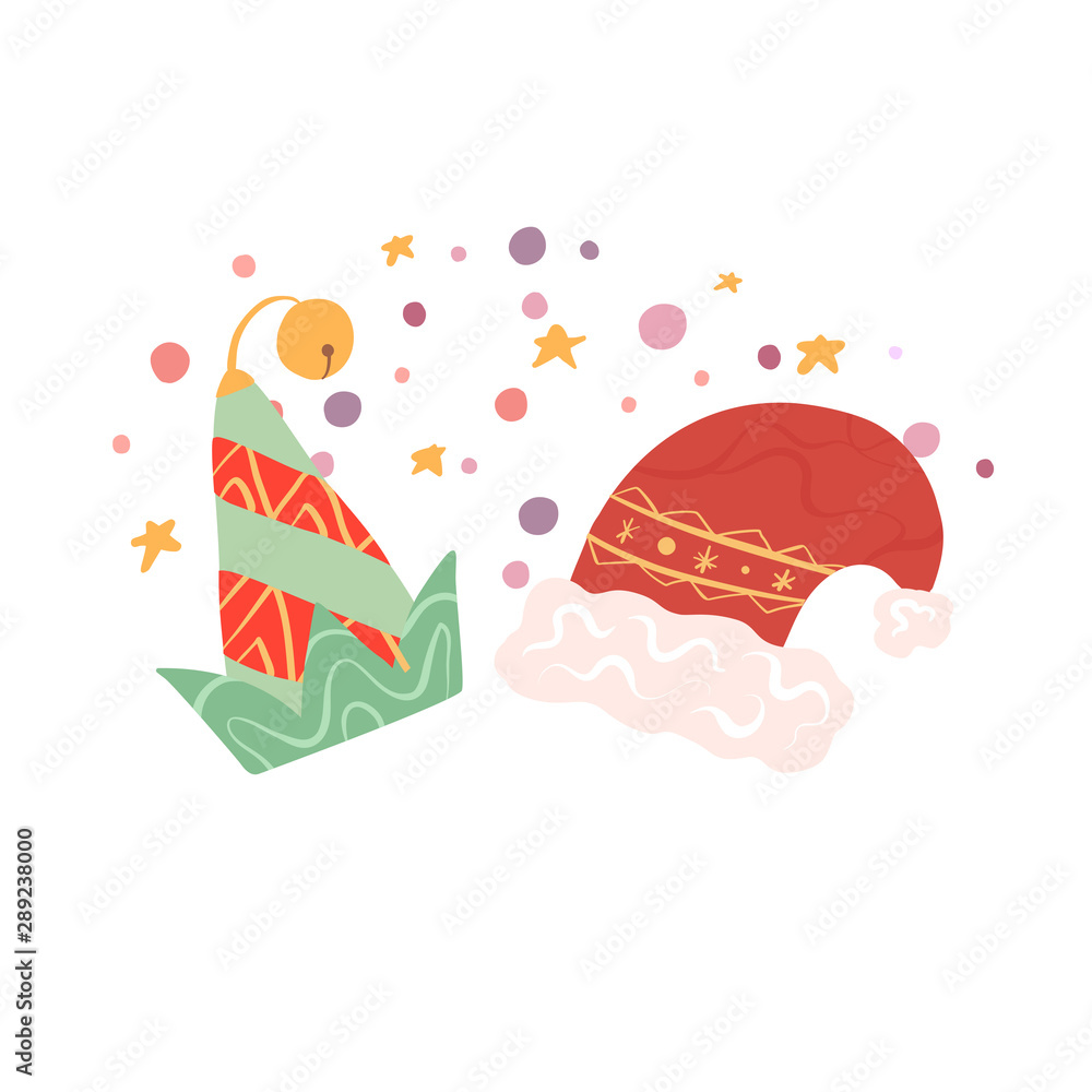 Elements of Christmas and New Year. Flat elf and Santa claus hats on stars and confetti background. Vector illustration for postcards, stickers, print, gift, poster, banner, flyer and your design. Elements of Christmas and New Year. Flat elf and Santa claus hats on stars and confetti background. Vector illustration for postcards, stickers, print, gift, poster, banner, flyer and your design.