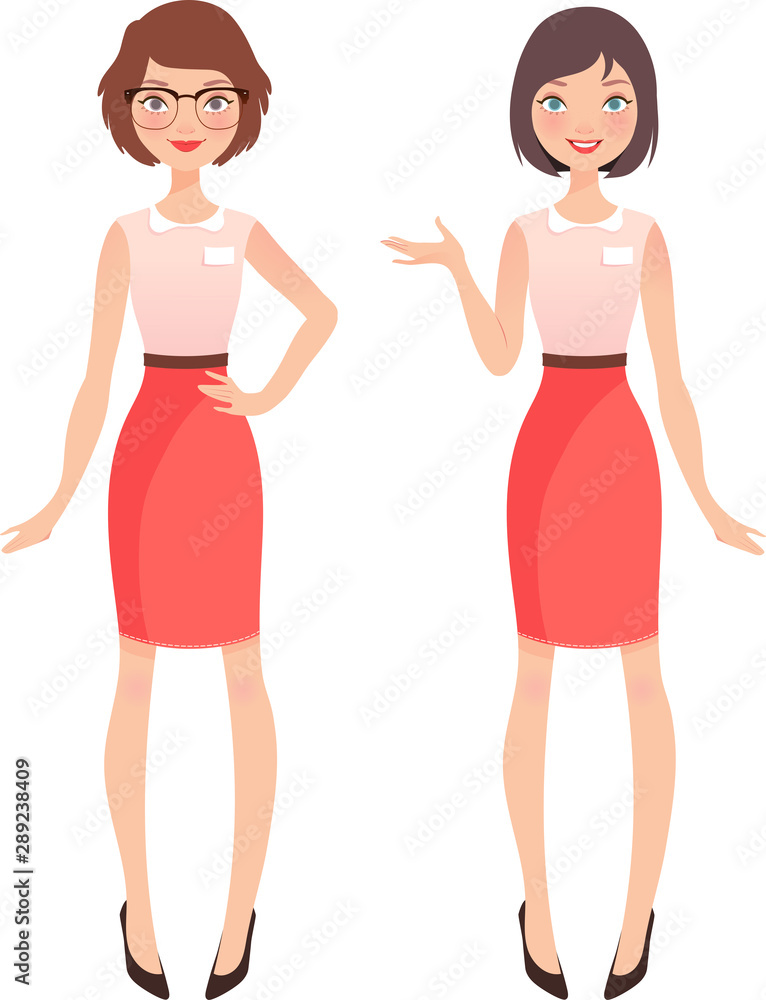 Two even hostesses presenting wearing same uniform Two even hostesses presenting wearing same uniform