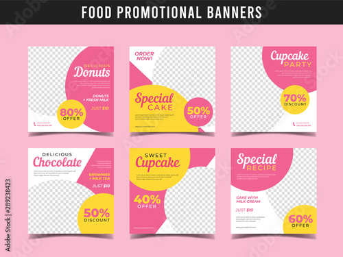 Sweet cake banner for social media post template. Cupcakes, donuts, birthday cake
