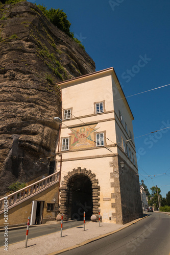 Medieval building of Klausentor gate between the old town and Muelln district of Salzburg, Austria