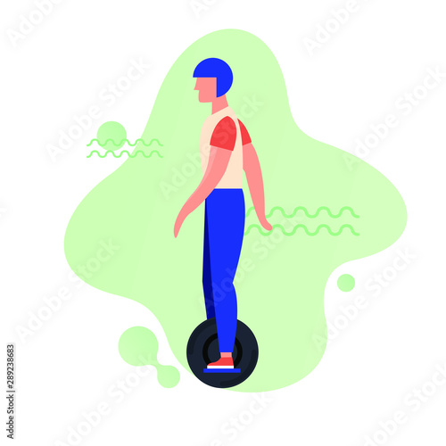 Man riding electric unicycle. Flat vector illustration.