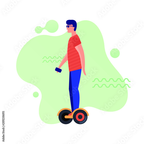 Man riding hoverboard. Flat vector illustration.